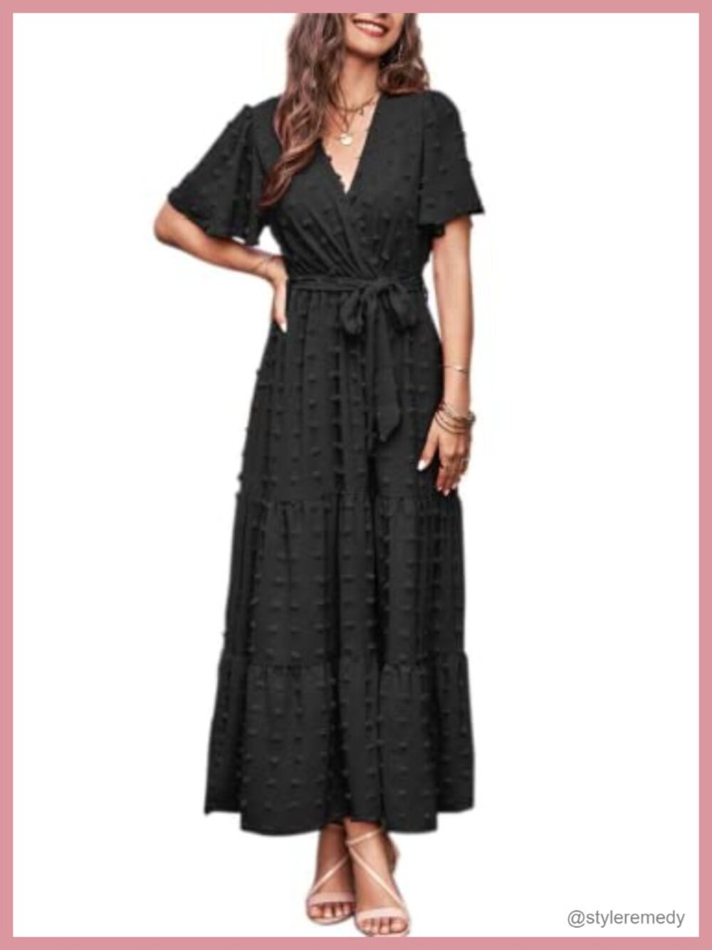 Swiss Dot Maxi Dress Wrap V-Neck Flutter Sleeve Tiered Boho